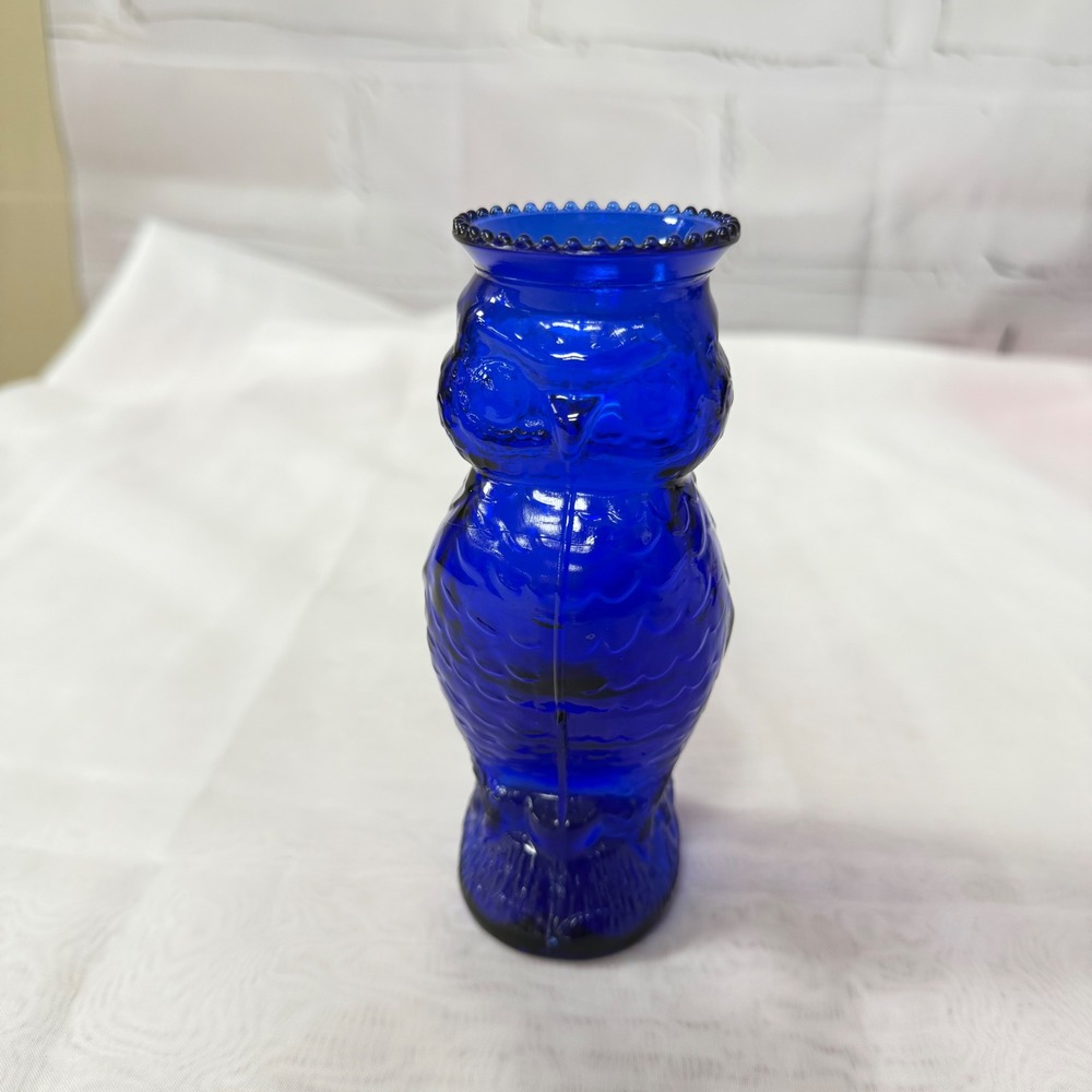 Vintage Cobalt Blue Glass Owl Vase Scalloped Rim Decorative Figurine 6 Inch